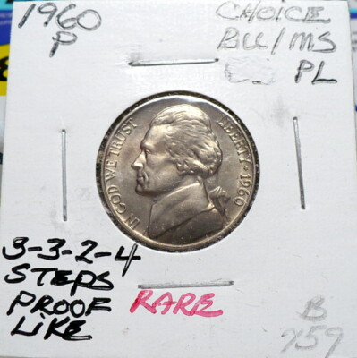 1960-P JEFFERSON NICKEL CHOICE+ BU/MS PROOFLIKE, 3-3-2-4 STEPS RARE, NICE, B759