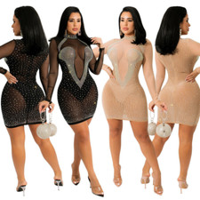 New Stylish Women Mesh See Through Long Sleeves Paillette Skinny Nightclub Dress