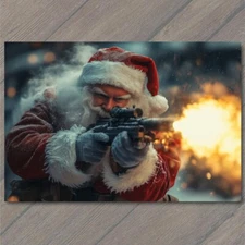 4x6" Santa Gun Snowy Action Scene Christmas Hero Santa Action Pose Firearm