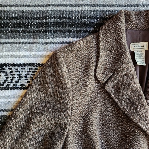Vtg LL Bean S Wool Silk Blend Equestrian Blazer Jacket Tweed Brown Herringbone - Picture 2 of 20