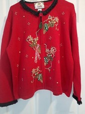 TIARA INTERNATIONAL Red Christmas Sweater Zip Up Reindeer Bling Vintage Sz Large