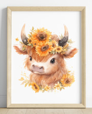Cow Wall Art Print, Cute Cow With Sunflowers Art Print Farmhouse, Home Decor 50
