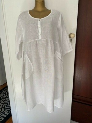 Designer Ridley White Linen Dress Featuring Mother of Pearl