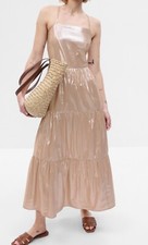 Gap Maxi Dress Metallic Effect Tiered Smocked City Pockets Preppy Boho Sz L NWT