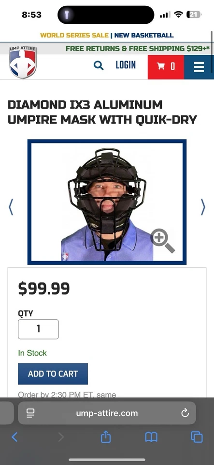 Diamond iX3 Series Umpire Face Mask Black iX3-UMP Lightweight - Image 3 of 3