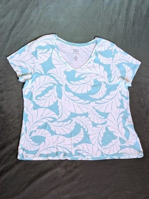 Croft & Barrow Women's Top T-shirt 100% cotton Blue Palm Leaf Tropical Print XL