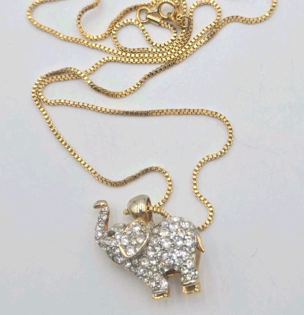 Elephant Pendant Necklace Gold Tone Rhinestone Charm Sparkly Animal Jewelry Gift