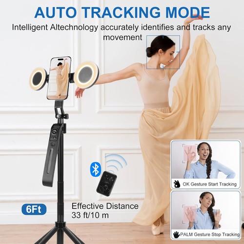 70.9" Auto Face Tracking Tripod 360° Rotation with Stand & Light, Phone Black - Picture 3 of 6