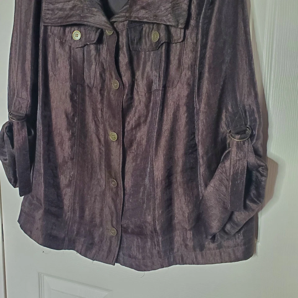 Elementz Shimmery Button-up Top Roll-up Sleeves Boxy Style Brown Size 2X - Image 3 of 4