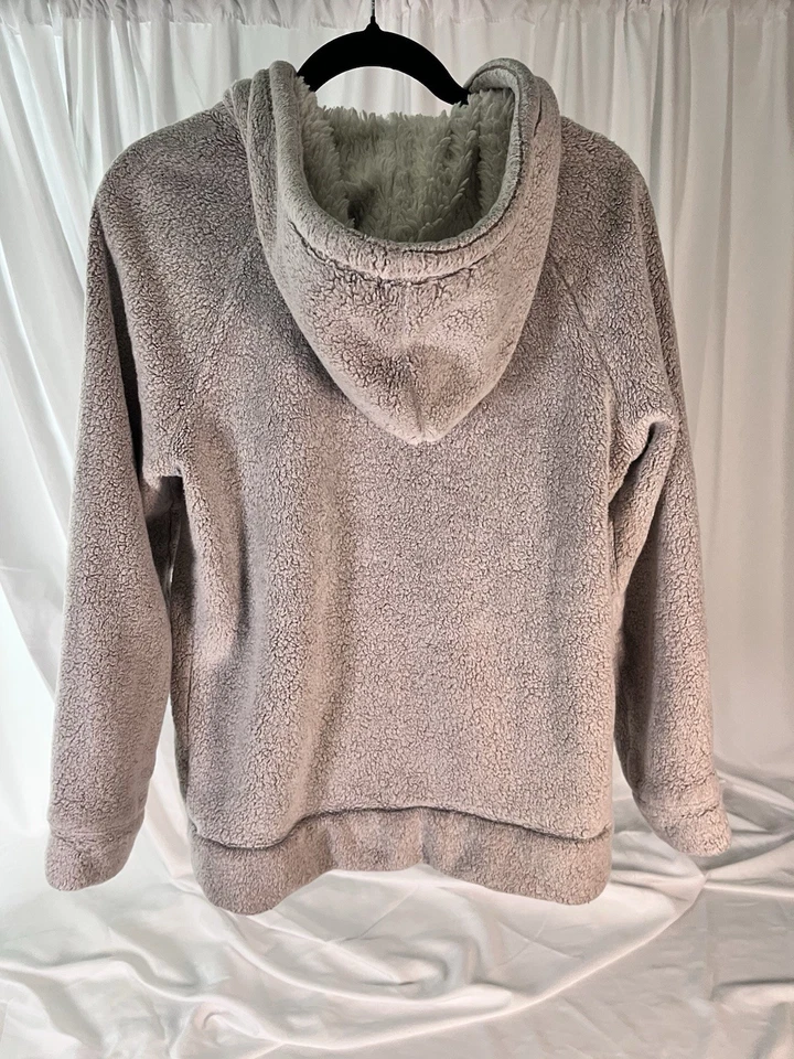 Green Tea Cozy Fuzzy Warm Fur Hood Pullover Sweatshirt Gray Kangaroo Pocket - M - Image 3 of 3