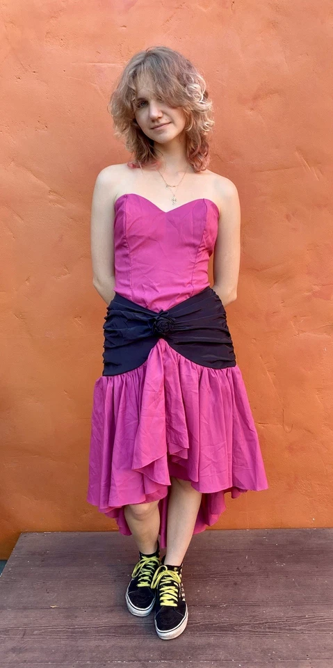 Винтажный 1980-х выпускное платье розовый черный hi низкий без бретелек вечернее вечеринки официальный - Изображение 2 из 4