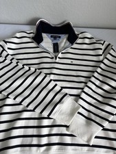 Tommy Hilfiger NWT Zip Mens Large White Black Striped Pullover Preppy Casual