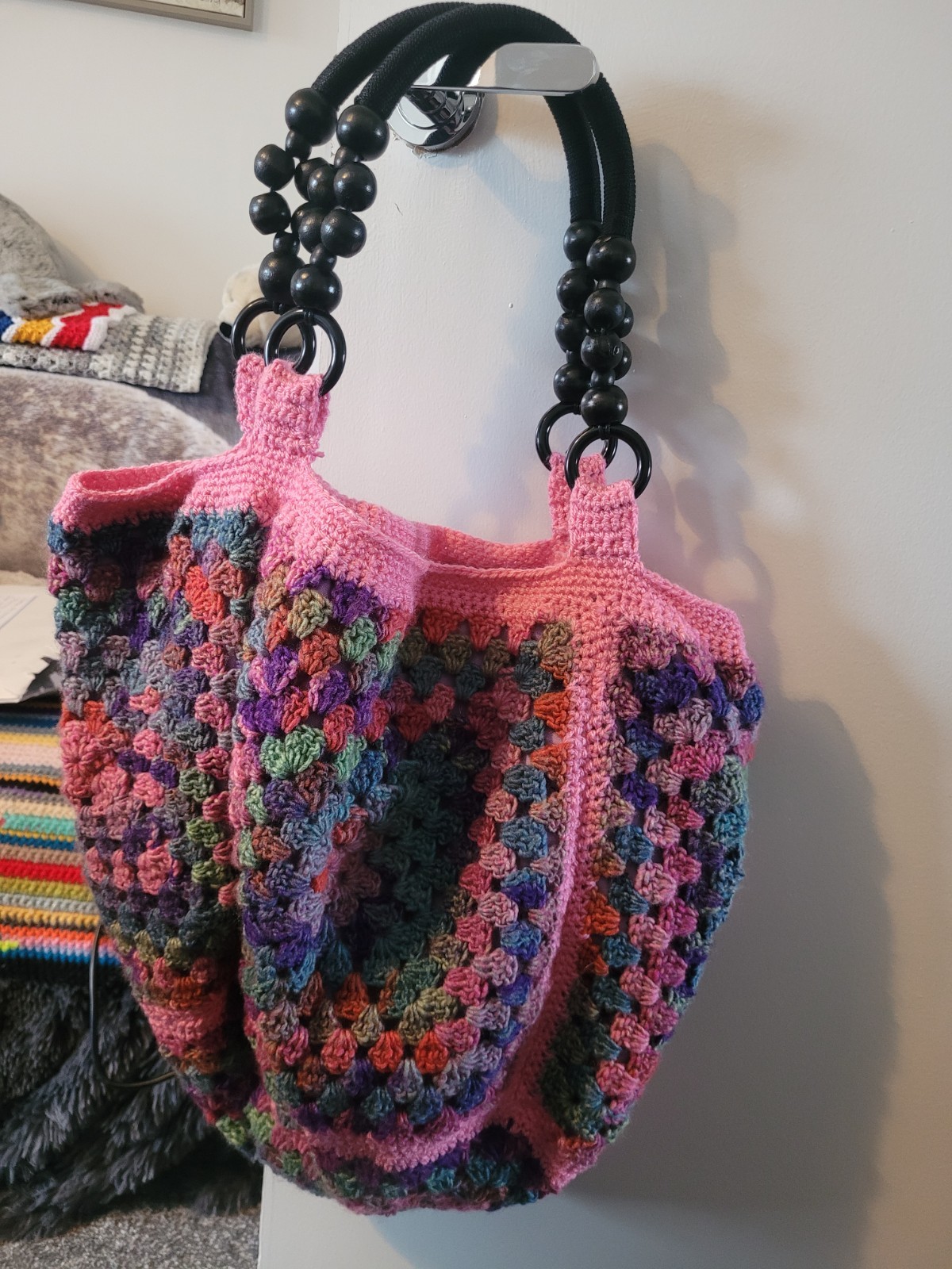 Hand Crocheted Fully Lined Shoulder Bag.  Multicoloured. Lightly Used. Exc Cond