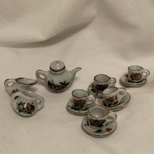 Miniature Doll House China Tea Set With Tea Pot, 5 Cups & Saucers, Cream & Sugar