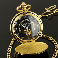 Mens Pocket Watch Mechanical Gold Case Hollow Hands Chain Hand-winding Luxury US