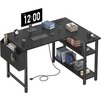 Black L Shaped Gaming Computer Desk with Power Outlet Shelves Study Work PC Desk