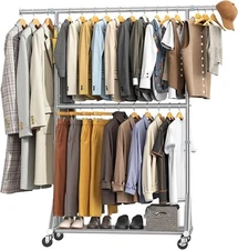 100% Stainless Steel Heavy Duty Clothes Rack Load 860LBS, Rolling Double Rods Cl