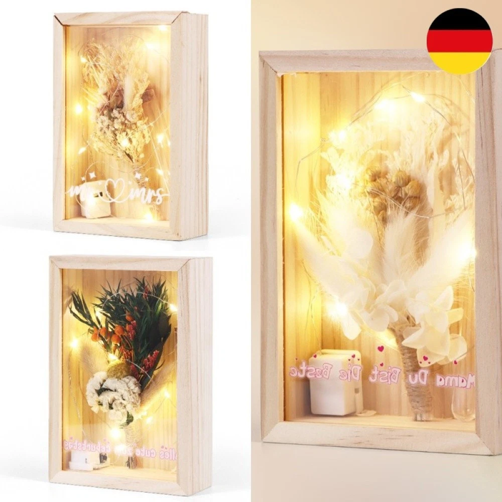 Hochzeit Muttertag Geburtstagsgeschenk Trockenblumenstrauß Massivholzbox mit LED