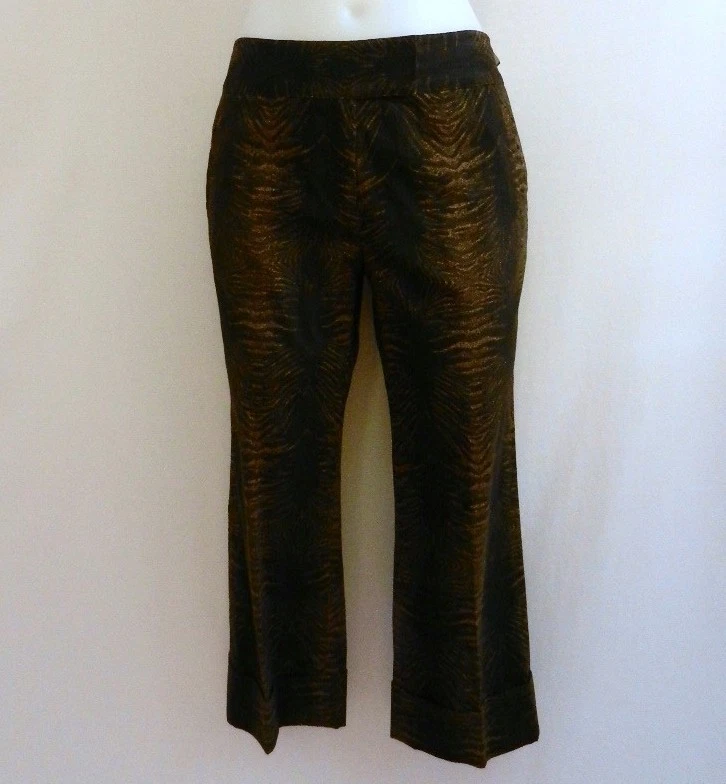 NWT $170 size 2 VINTAGE ETCETERA BROWN CROPPED ANIMAL PRINT COTTON PANTS CUFFED