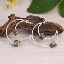 925 Sterling Silver Crescent Moon Hoop Earring With Raw Pyrite Healing Jewelry