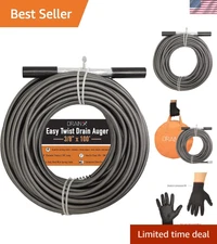 100 FT Easy Twist Drain Clog Remover - Heavy-Duty & Includes Protective Gloves