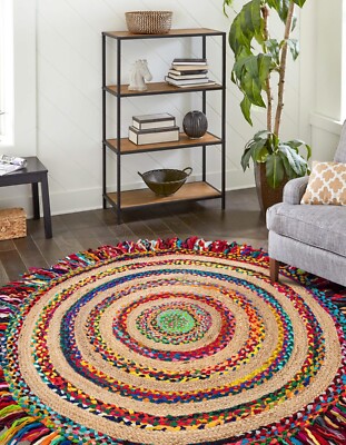 Rug Jute & Cotton Reversible Handmade Area Round Carpet Rustic Modern Look Rug