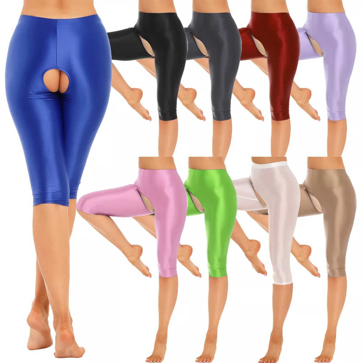 Women's Glossy Crotchless Shorts Stretchy Tights Lingeries Slim