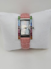 Diamonique Rainbow Tank Stainless Pink Leather Strap Silvertone Watch