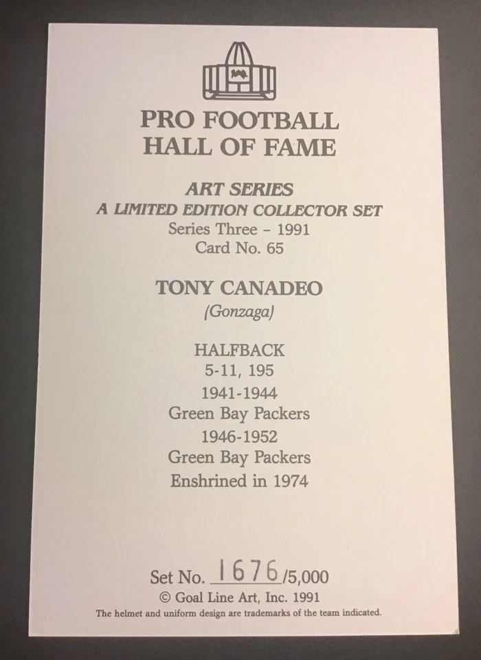 GARY THOMAS auto autograph signed Goal Line Art card of Tony Canadeo Packers COA - Image 2 of 4