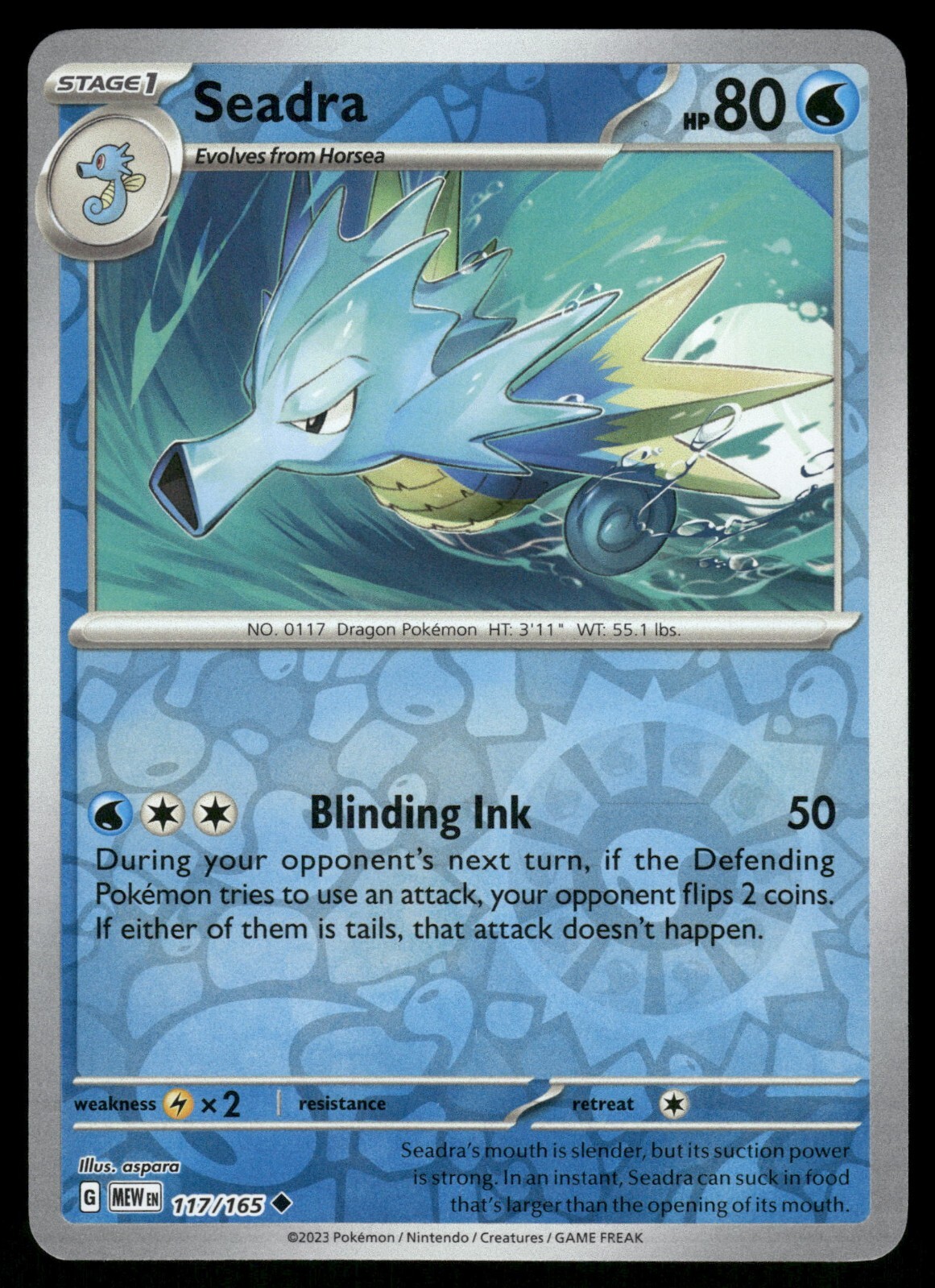 Seadra Reverse Holo NM 117/165 Scarlet & Violet 151 Pokemon Card