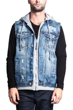 NWT Victorious washed Layered Hooded Denim Vest Sleeveless Jacket DK110