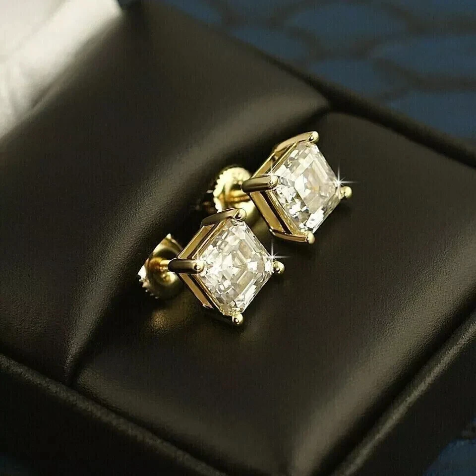 2Ct Asscher Cut Lab Created Diamond Women's Stud Earrings 14k Yellow Gold Plated - Image 2 of 4
