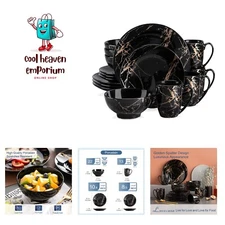 Black Plates and Bowls Sets for 4, Porcelain Dinnerware Sets 16 Piece Gold Sp...