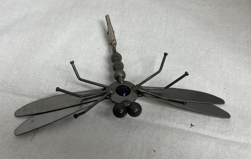 Vintage Dragonfly Metal Sculpture Magnet Garden Stake w/ Dark Blue Stone - Picture 3 of 6