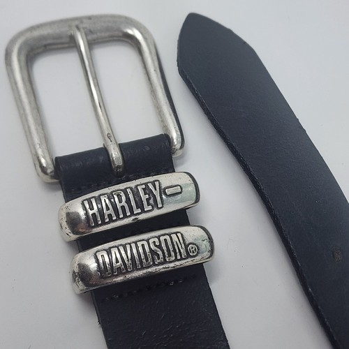 Vintage Harley Davidson Black Leather Belt Solid Silver tone Spellout Buckle USA - Picture 2 of 8