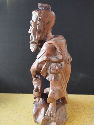 Chinese Fisherman Hand Carved Sculpture Brown Wood Detailed Fish And Frog - Picture 3 of 11