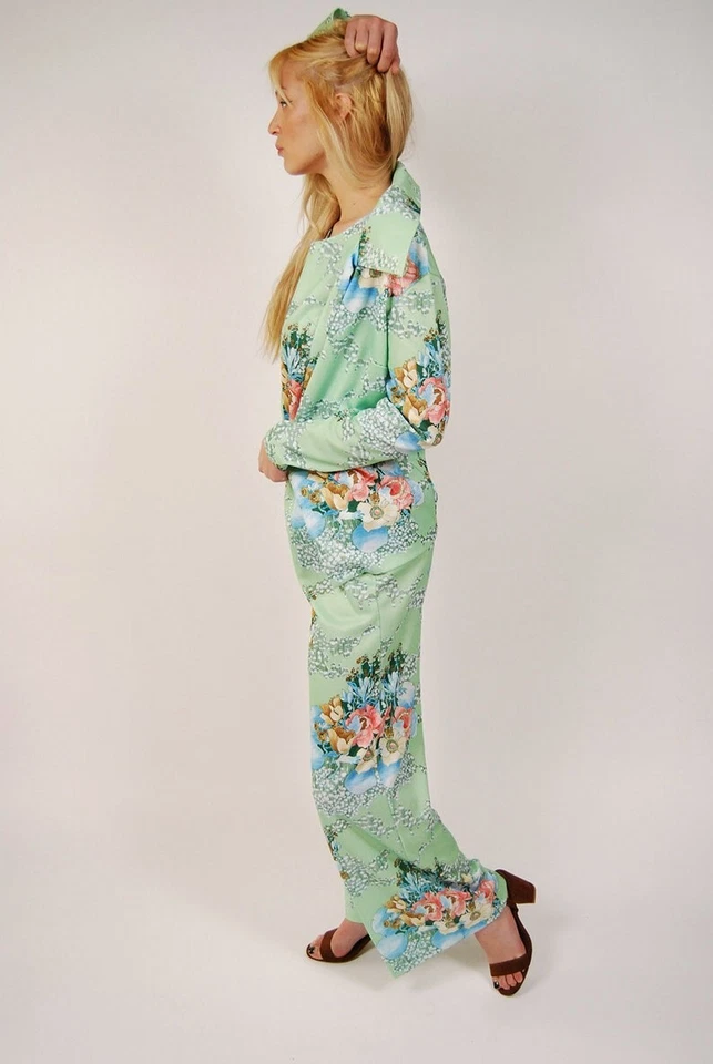 Conjunto de 3 piezas (M) pantalones florales verdes vintage años 60 camiseta sin mangas mediano pastel palazzo Foto 2 de 4