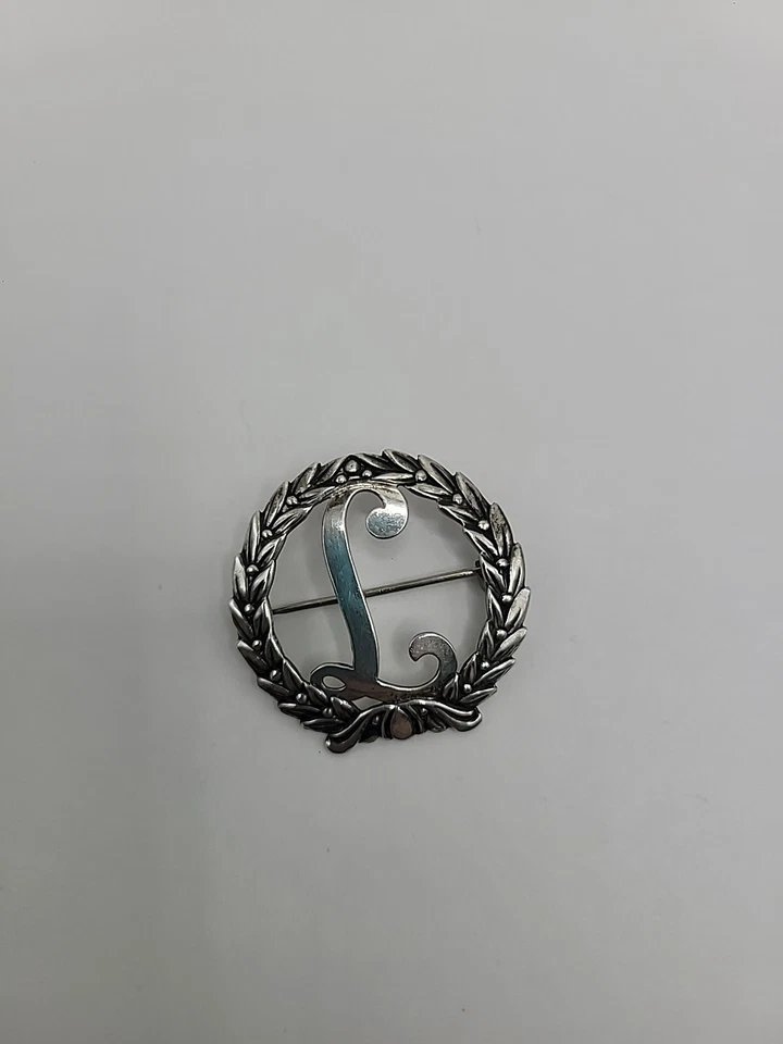 Broche inicial L de plata esterlina vintage corona de laurel monograma prendedor escritura Foto 4 de 4