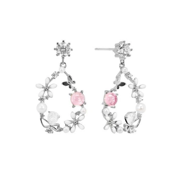 orecchini pendente argento 925 anallergico zirconi rosa fiore cuore perle goccia - Immagine 3 di 4