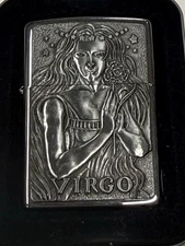 ZIPPO 1997 BARRETT SMYTHE VIRGO ZODIAC CHROME LIGHTER SEALED IN BOX 379A