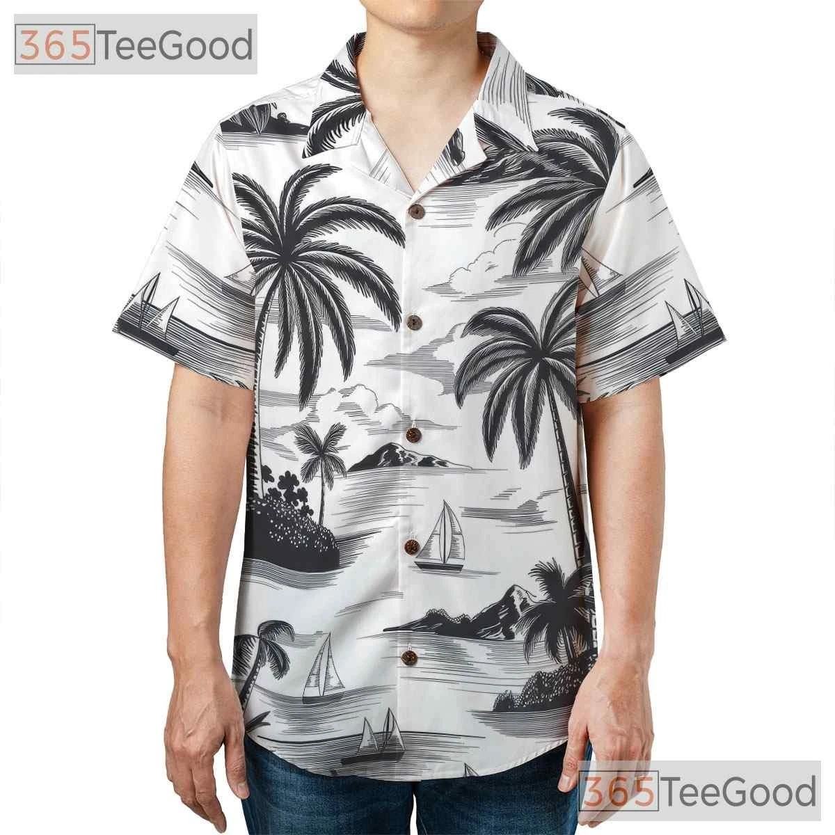 Black and White Tropical Sailboat Hawaiian Shirt, Premium Unisex Vacation Wear