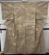 Japanese Vintage Kimono Silk Brown Tumugi Traditional Authentic Length 59 in