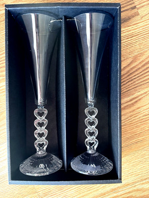 Vtg Cristal D Arques Forever Heart Flute 10'' Lead Crystal Glasses Lighted In Box