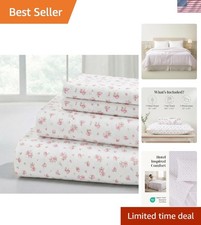 Elegant 4-Piece King Sheet Set in Soft Ivory Floral - Deep Pocket Bedding
