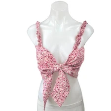 Mojo Pink Floral Print Sleeveless Bow Tie Ruffle Strap Crop Tank Top Size S/M