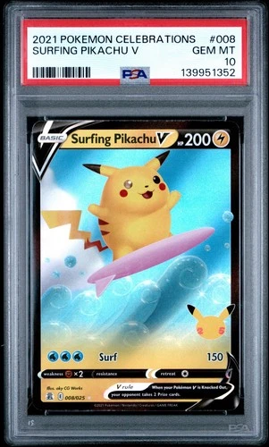 Pokemon SWSH Celebrations Surfing Pikachu v 2021 #008/025 PSA 10