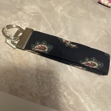 Handmade Fabric Key Chain Navy Paisley Floral Pattern Women Metal Hardware