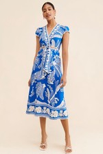Farm Rio L inen Blend Blue Banana Leaf Cut Out Maxi Dress Sz M