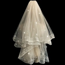 Bridal Horsehair Pearls Glittery Veil Wedding 2 Tiers Blusher Veil with comb