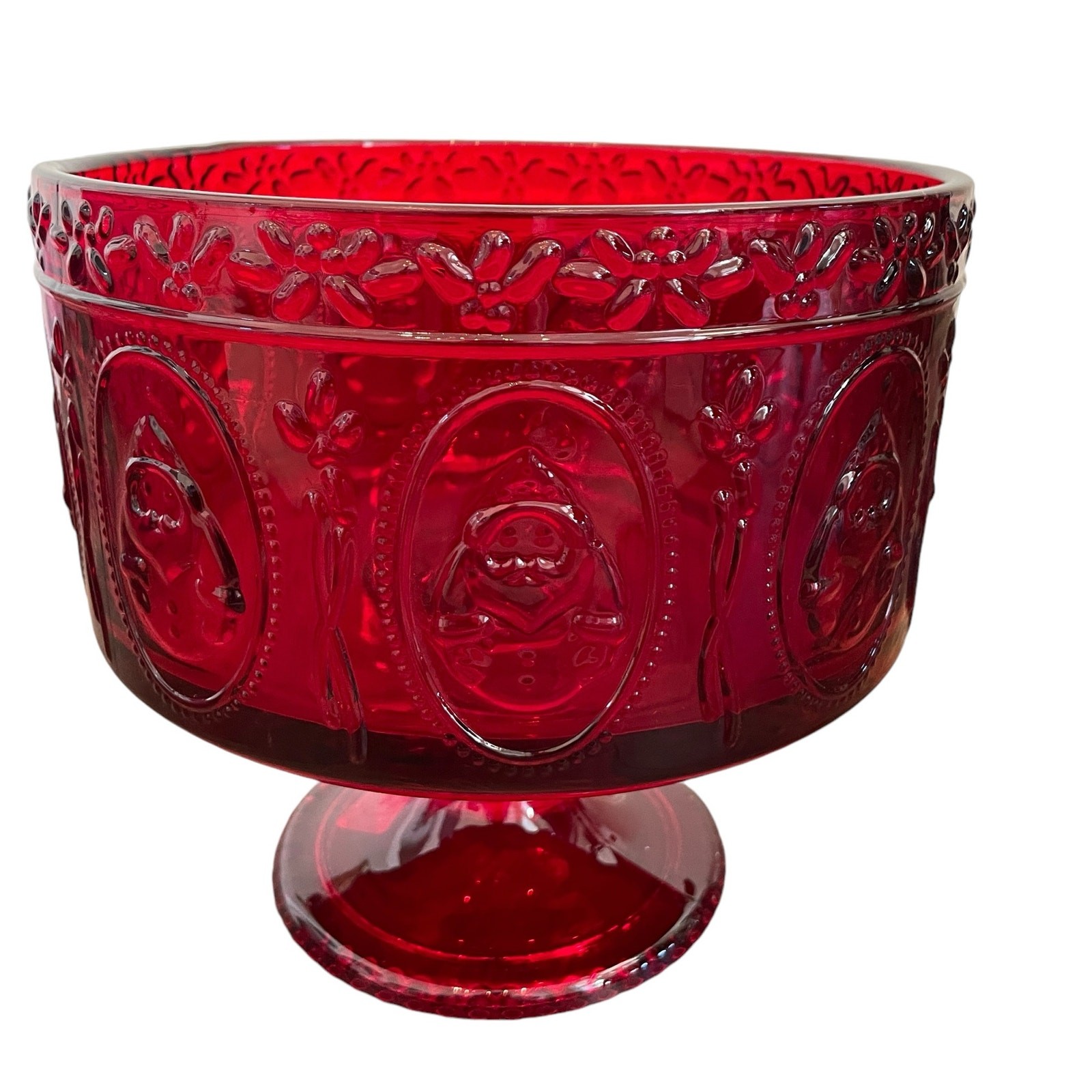 JINGLES & JOY Snowman Trifle Bowl Footed Serving Dish Embossed Holiday Red NEW